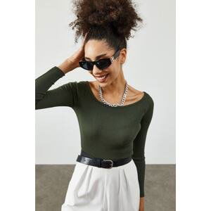 XHAN Women's Khaki Boat Collar Crop Camisole Blouse