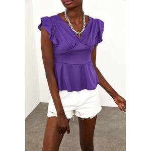 XHAN Women's Purple Blouse with Frilled Shoulders