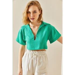 XHAN Green Textured Crop Top With Accessory Detail
