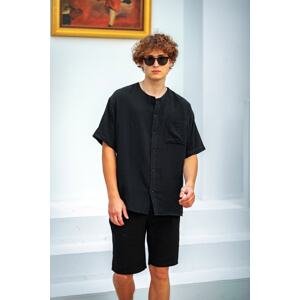 XHAN Black Muslin Short Sleeve Shirt 3xe2-46977-02