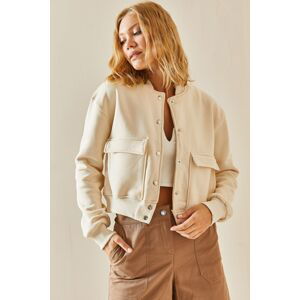 XHAN Cream Snap Snap Buttons Crop Bomber Bunda