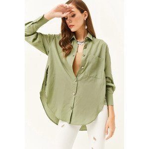 Olalook Women's Mustard Green Button Detailed Oversize Woven Shirt
