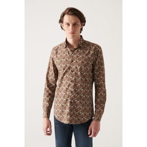 Avva Men's Brown Abstract Patterned 100% Cotton Slim Fit Slim Fit Shirt