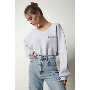 Happiness İstanbul Women's Gray Melange V-Neck Oversize Crop Knitted Sweatshirt