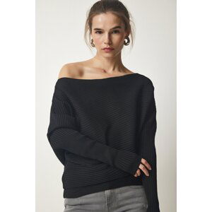 Happiness İstanbul Women's Black Asymmetric Collar Ribbed Sweater