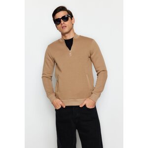Trendyol Mink Men Regular/Regular Cut, Zippered Bomber Collar, Fleece Interior Pocket, Thick Sweatshirt.