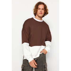 Trendyol Brown Men's Oversize Zipper Detail Color Block Sweatshirt with a Soft Pillow interior.