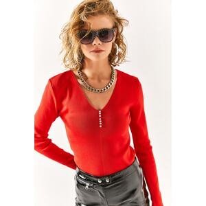 Olalook Women's Red V-Neck Stone Detailed Knitwear Blouse