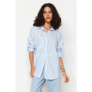 Trendyol Blue Striped Pocket Oversize/Wide Fit Woven Shirt