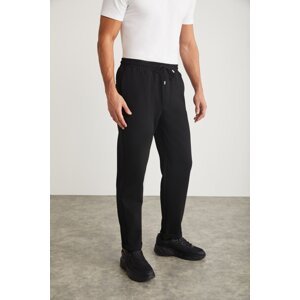 GRIMELANGE Walsh Men's Pique Look Special Fabric Flexible Double Leg Corded Black Trousers with Elastic Waist