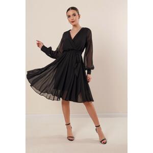 By Saygı Double Breasted Neck Long Sleeve Lined Chiffon Dress