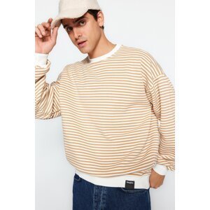 Trendyol Beige Men's Oversize Striped Soft Lined Cotton Sweatshirt