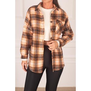 armonika Women's Orange Plaid Pattern Oversized Shirt with Pocket