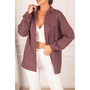 armonika Women's Claret Red Check Pattern Shirt with Pocket Oversized Stamp