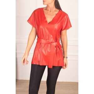 armonika Women's Red V-Neck Leather Look Short Front Long Back Long Belted Blouse