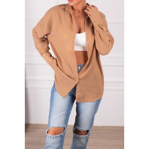 armonika Women's Beige Oversize Textured Linen Look Wide Cuff Shirt