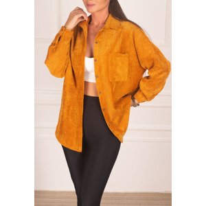 armonika Women's Yellow Pocket Oversize Velvet Long Basic Shirt