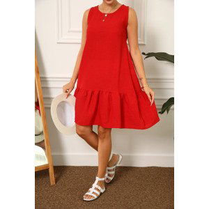armonika Women's Red Linen Look Textured Sleeveless Dress with Frill Skirt