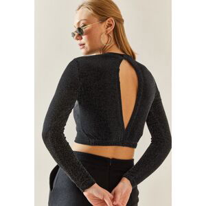 XHAN Black Silvery Turtleneck Decollete Blouse