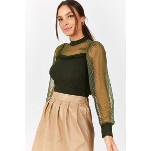 armonika Women's Khaki Sleeve And Lace Top With Frills Front