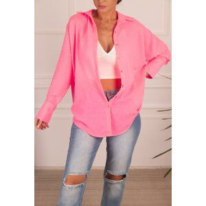 armonika Women's Neon Pink Oversize Textured Linen Look Wide Cuff Shirt