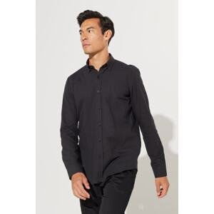 AC&Co / Altınyıldız Classics Men's Black Slim Fit Slim-fit Oxford Buttoned Collar Linen-Looking 100% Cotton Flared Shirt.