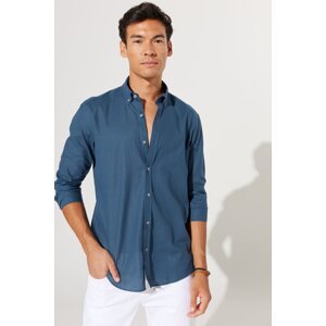 AC&Co / Altınyıldız Classics Men's Dark Petrol Tailored Slim Fit Button-Up Collar Linen Look 100% Cotton Flared Shirt