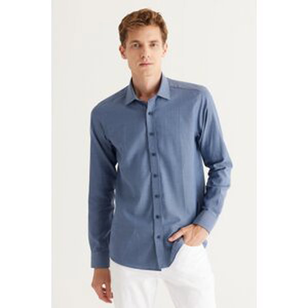 AC&Co / Altınyıldız Classics Men's Blue-Navy Blue Slim Fit Slim Fit Classic Collar 100% Cotton Dobby Shirt.