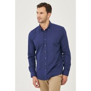 AC&Co / Altınyıldız Classics Men's Navy Blue Tailored Slim Fit Buttoned Collar Linen Look 100% Cotton Flamed Shirt
