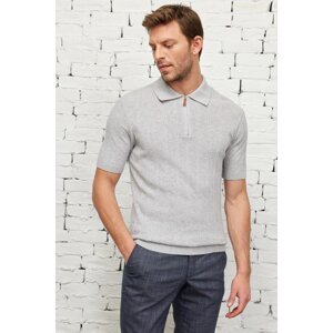 ALTINYILDIZ CLASSICS Men's Gray Standard Fit Regular Fit Polo Neck 100% Cotton Short Sleeve Jacquard Knitwear T-Shirt
