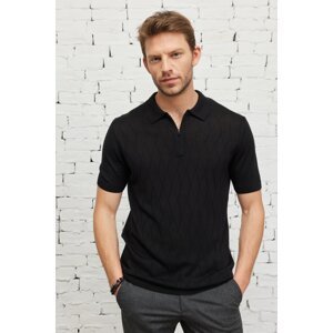 ALTINYILDIZ CLASSICS Men's Black Standard Fit Regular Cut Polo Neck Short Sleeved Jacquard Knitwear T-Shirt.