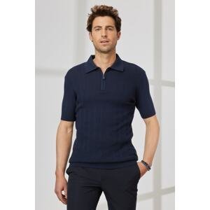 ALTINYILDIZ CLASSICS Men's Navy Blue Standard Fit Normal Cut Polo Collar 100% Cotton Short Sleeved Jacquard Knitwear T-Shirt.