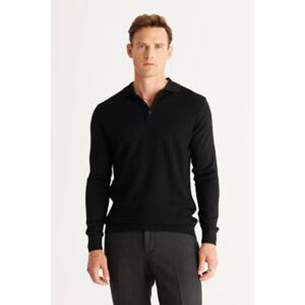 ALTINYILDIZ CLASSICS Men's Black Standard Fit Normal Cut Polo Neck Wool Knitwear Sweater.
