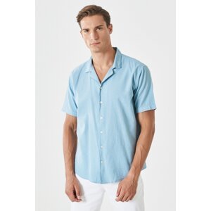 ALTINYILDIZ CLASSICS Men's Blue Comfort Fit Relaxed Cut Mono Collar Short Sleeve Plain Linen Shirt