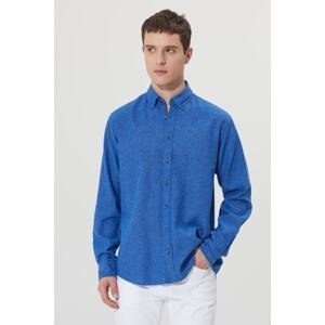 ALTINYILDIZ CLASSICS Men's Navy Blue Comfort Fit Relaxed Cut Buttoned Collar Linen Shirt