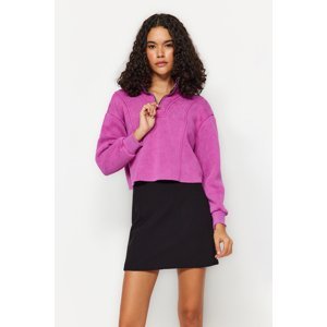 Trendyol Dark Pink Vintage/Faded Effect Thick Fleece Inside Relaxed Cut Crop Knitted Sweatshirt