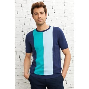 AC&Co / Altınyıldız Classics Men's Navy Blue Standard Fit Regular Fit Crew Neck 100% Cotton Striped Short Sleeve Knitwear T-Shirt