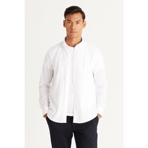 AC&Co / Altınyıldız Classics Men's White Tailored Slim Fit Narrow Cut Button Collar Linen Look 100% Cotton Flared Shirt