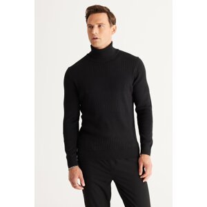 AC&Co / Altınyıldız Classics Men's Black Standard Fit Regular Fit Full Turtleneck Cotton Jacquard Knitwear Sweater
