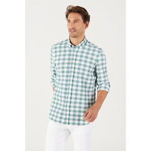 AC&Co / Altınyıldız Classics Men's White-green Slim Fit Slim Fit Button-down Collar Check Shirt