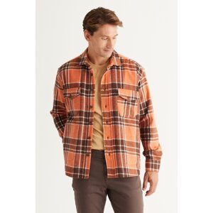 AC&Co / Altınyıldız Classics Men's Brown-orange Oversize Loose Cut Button Collar Checked Winter Shirt Jacket