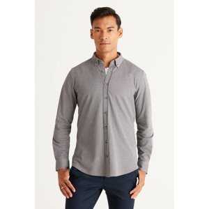 ALTINYILDIZ CLASSICS Men's Gray Slim Fit Slim Fit Button Down Collar Pique Pattern Knitted Shirt.