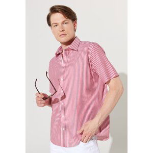 AC&Co / Altınyıldız Classics Men's Claret Red-White Comfort Fit Comfy Cut, Classic Collar 100% Cotton Striped Shirt.