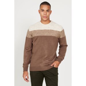 AC&Co / Altınyıldız Classics Men's Beige-brown Standard Fit Regular Cut Crew Neck Colorblock Patterned Knitwear Sweater