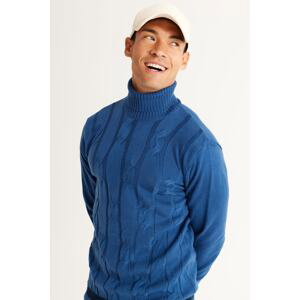 AC&Co / Altınyıldız Classics Men's Aviator Blue Standard Fit Regular Fit Full Turtleneck Jacquard Knitwear Sweater