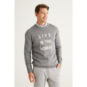 ALTINYILDIZ CLASSICS Men's Gray Anti-Pilling Fabric Standard Fit Crew Neck Printed Knitwear Sweater.