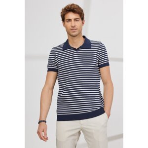 AC&Co / Altınyıldız Classics Men's Navy Blue-White Standard Fit Regular Fit Polo Neck 100% Cotton Short Sleeve Striped Knitwear T-Shirt