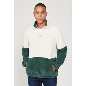 AC&Co / Altınyıldız Classics Men's Tassel-Dark Green Standard Fit Stand-Up Bato Collar Kangaroo Pocket Double Color Sherpa Fleece Sweatshirt