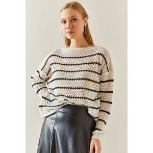 XHAN Cream Oversize Hole & Striped Loose Sweater