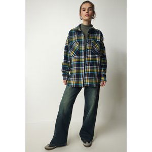 Happiness İstanbul Women's Navy Blue Green Patterned Oversize Cachet Lumberjack Shirt